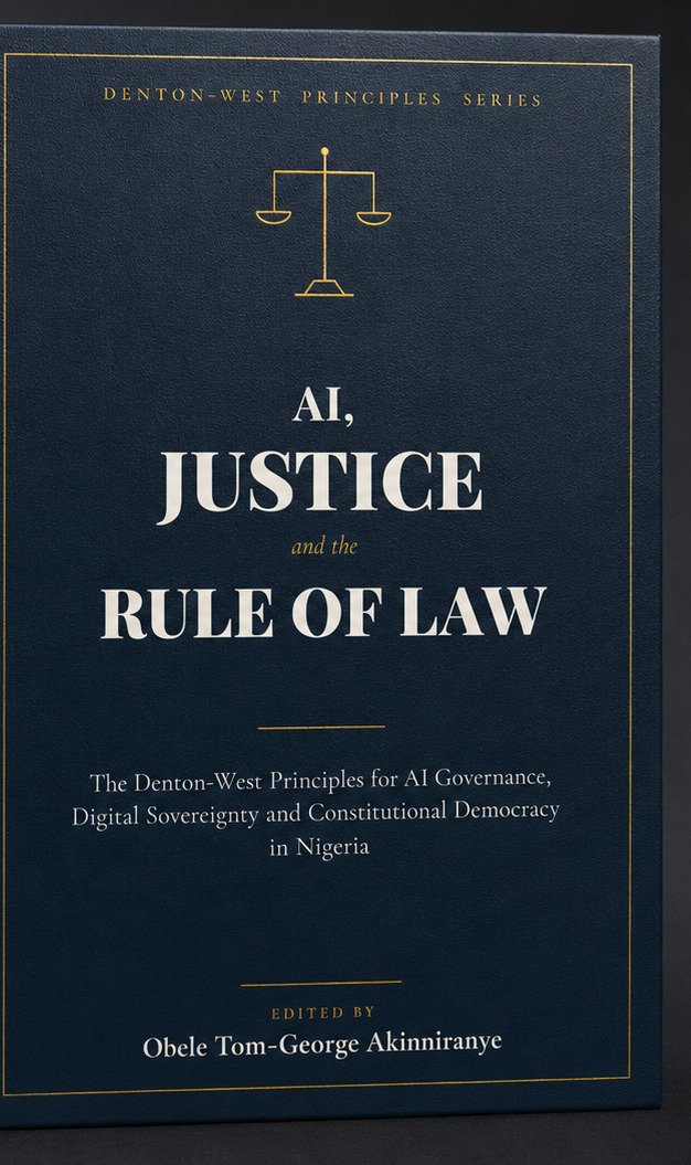 Book cover: AI, Justice and the Rule of Law — The Denton-West Principles for AI Governance, Digital Sovereignty and Constitutional Democracy in Nigeria, edited by Obele Tom-George Akinniranye